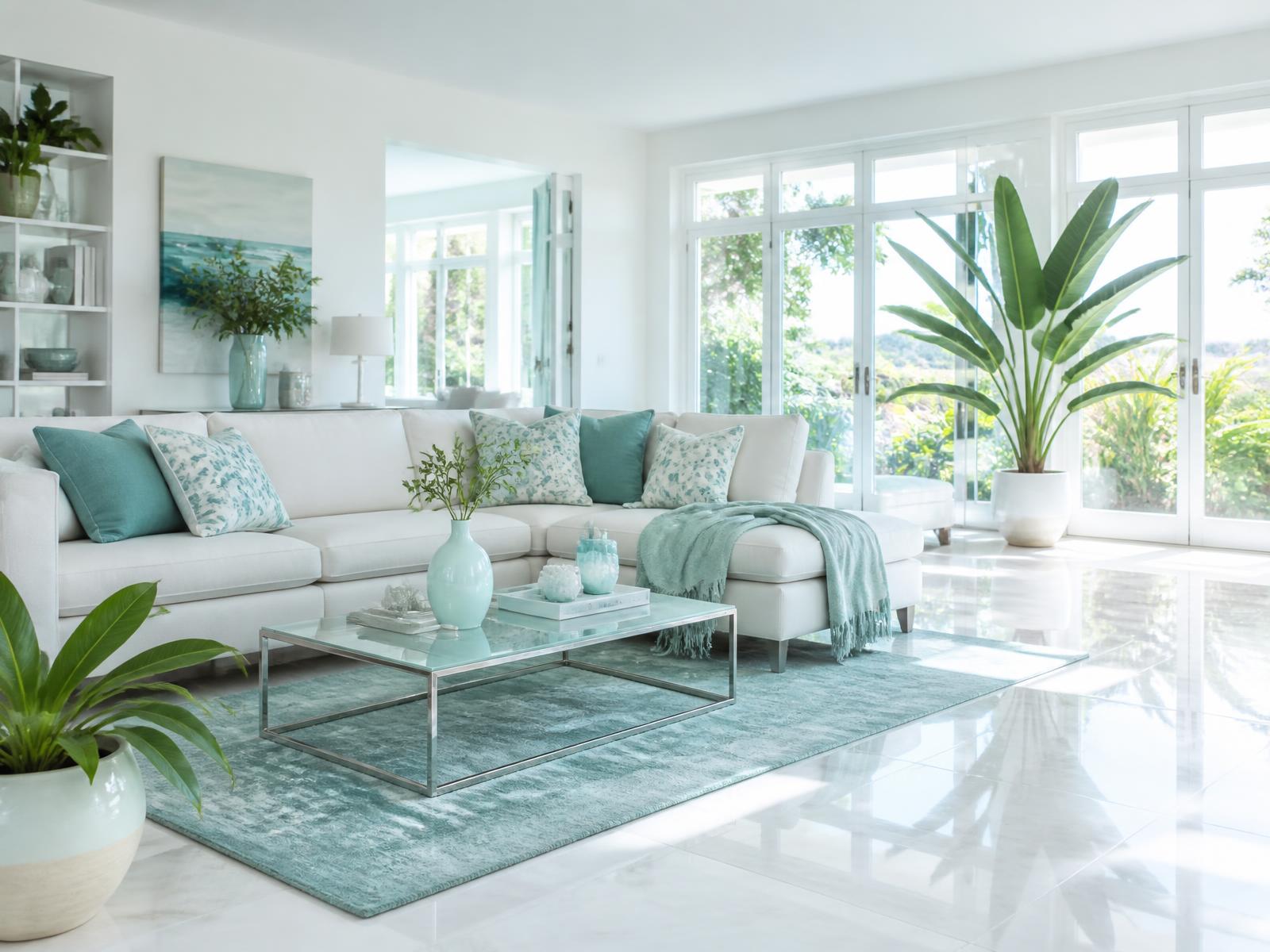 Bright, freshly cleaned living room with sunlight and plants